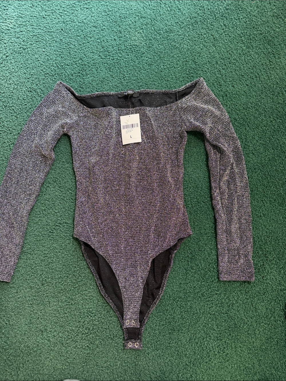 Forever 21 Shimmery Charcoal Off-Shoulder Long Sleeve Bodysuit